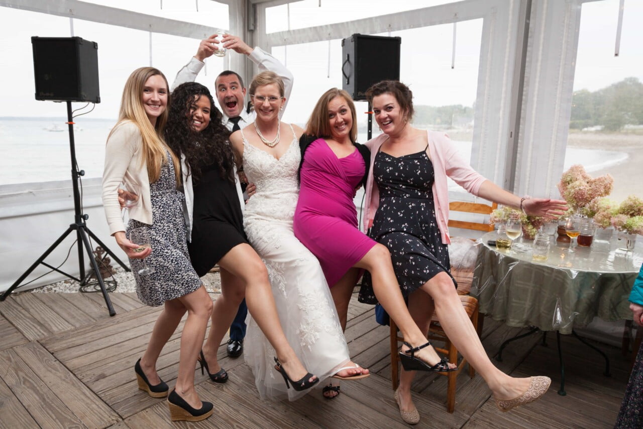 Bride dancing with friends - wedding reception - Lincolnville, Maine