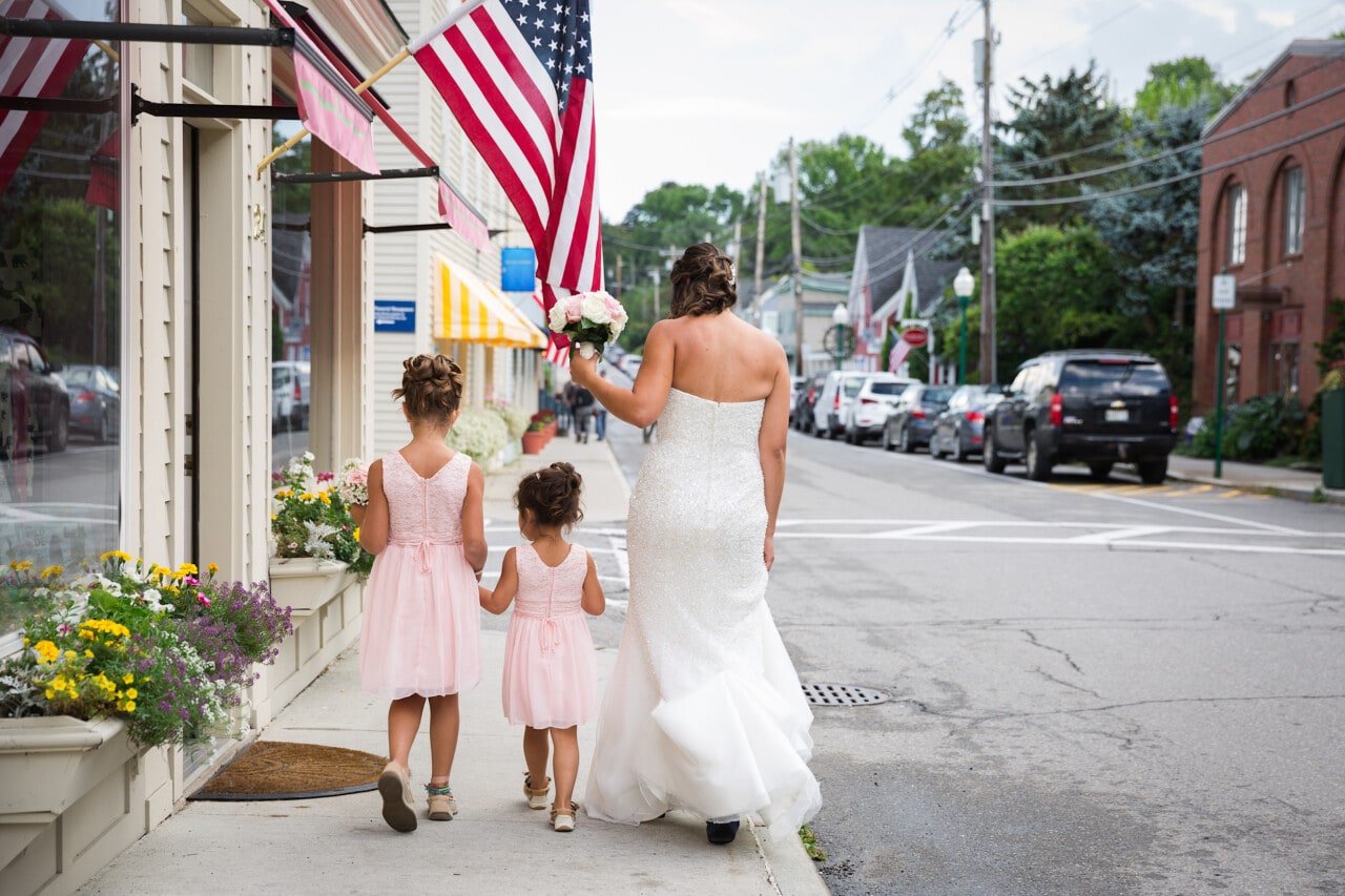 Camden Maine Wedding - Bayview StreetCamden, Maine Wedding - 16 Bay View - Bride walking with daughters © 5iveLeaf Photography