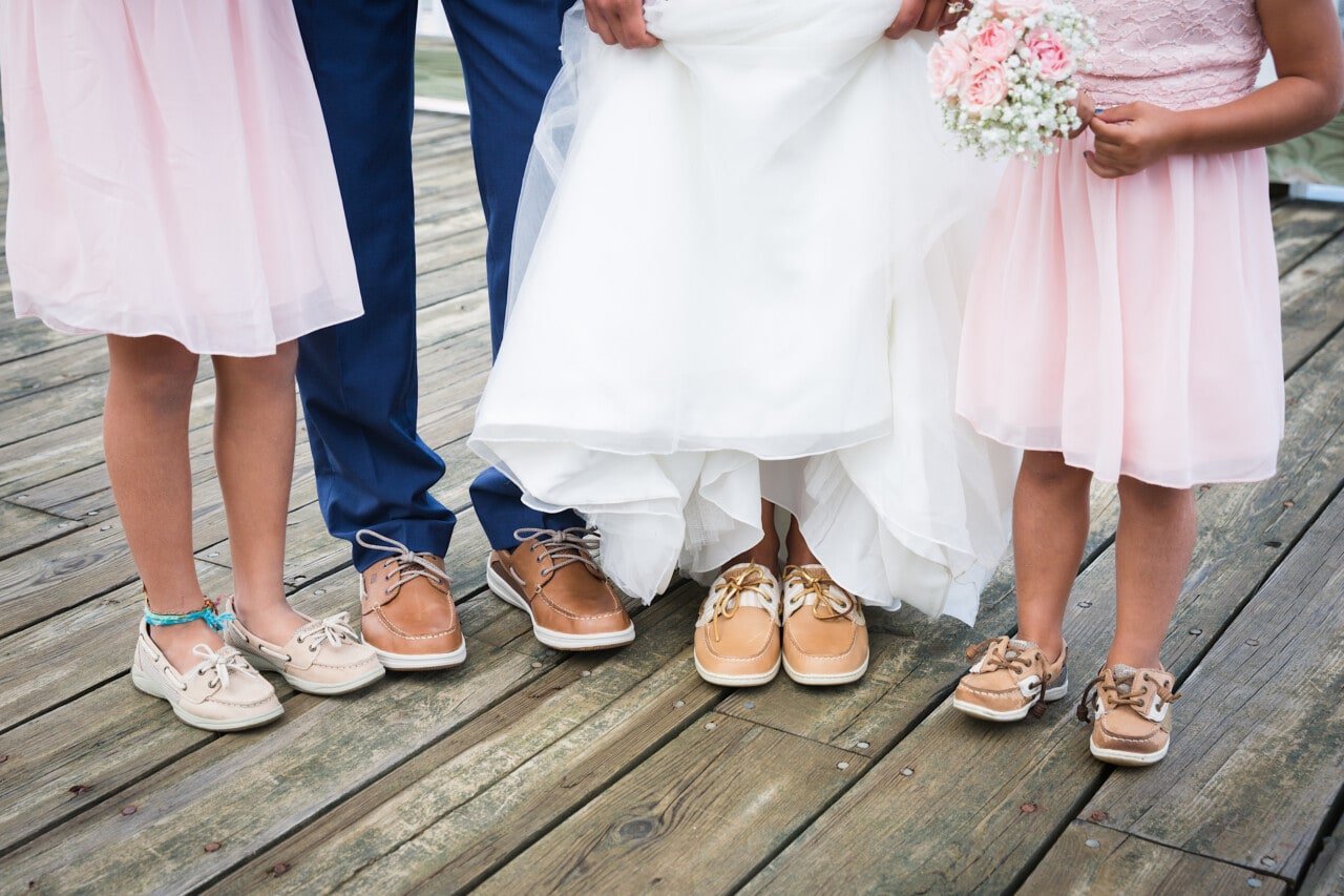 Camden Maine Wedding - Wedding shoes on the docks © 5iveLeaf Photography