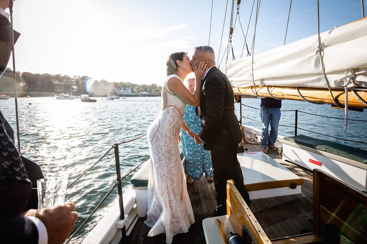Camden Maine Wedding - Schooner Surprise - First Kiss © 5iveLeaf Photography